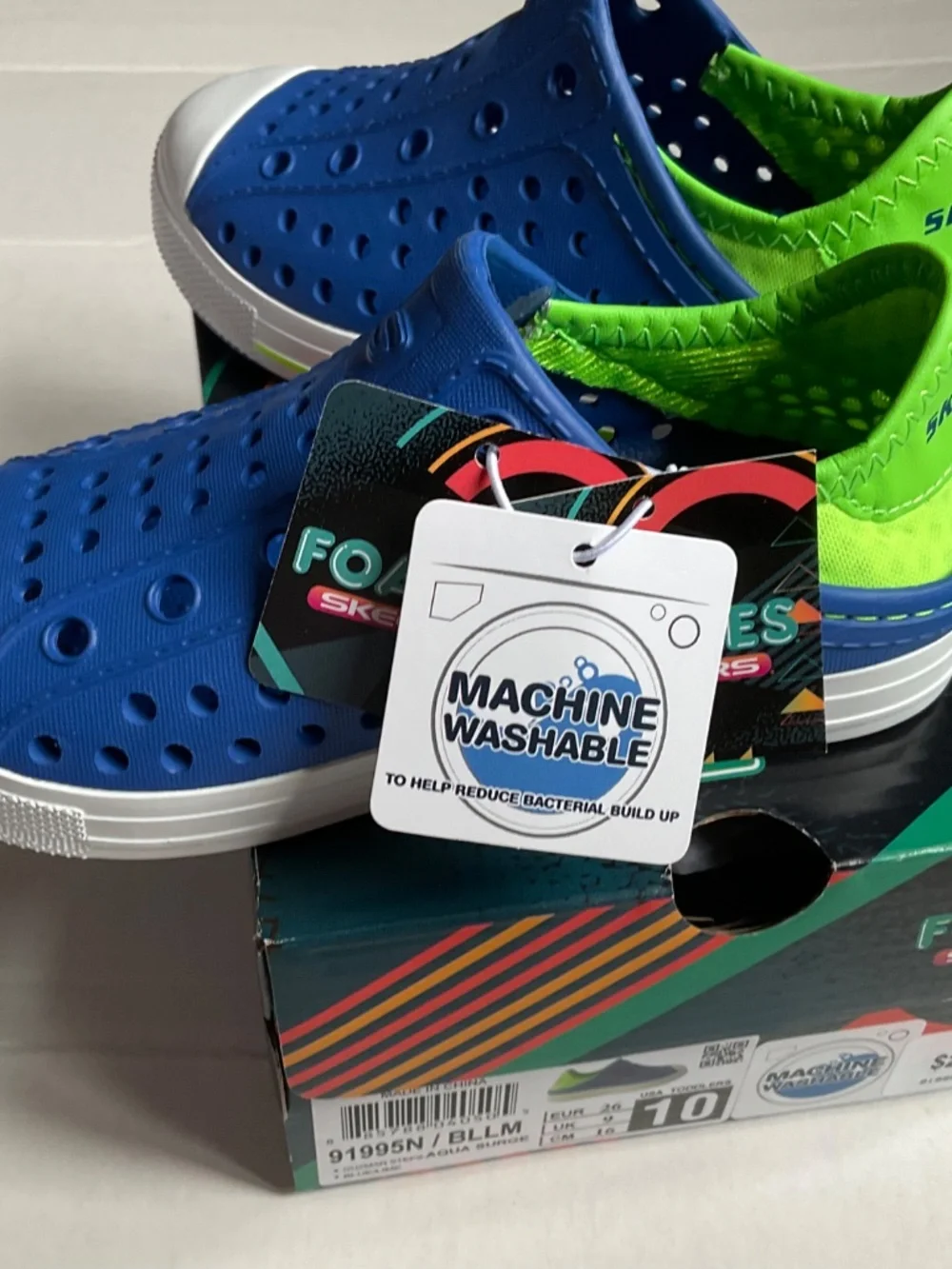 Unisex Toddler Skechers Foamies Guzman Steps Aqua 91995N Surge Blue/Lime Size 10
